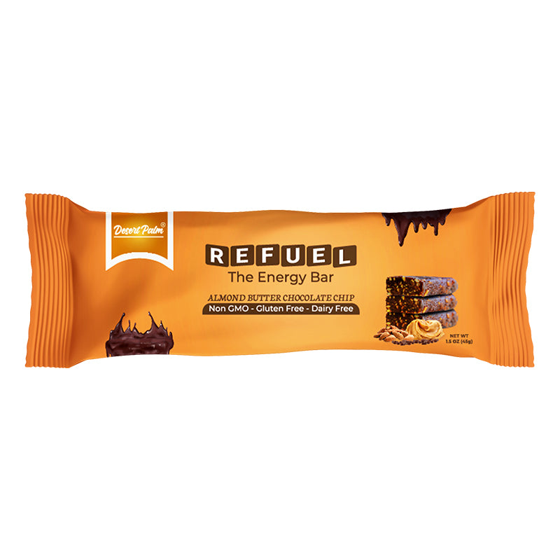 Desert Palm Refuel Almond butter Chocolate Chip Fruit & Nuts Bar with Extra Nuts - Gluten-free, Dairy-free, Vegan Snack Bar with 100% Natural Ingredients & No Added Preservatives - 10 Count