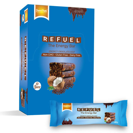 Desert Palm Refuel Coconut Chocolate Chip Fruit & Nuts Bar with Extra Nuts - Gluten-free, Dairy-free, Vegan Snack Bar with 100% Natural Ingredients & No Added Preservatives - 10 Count